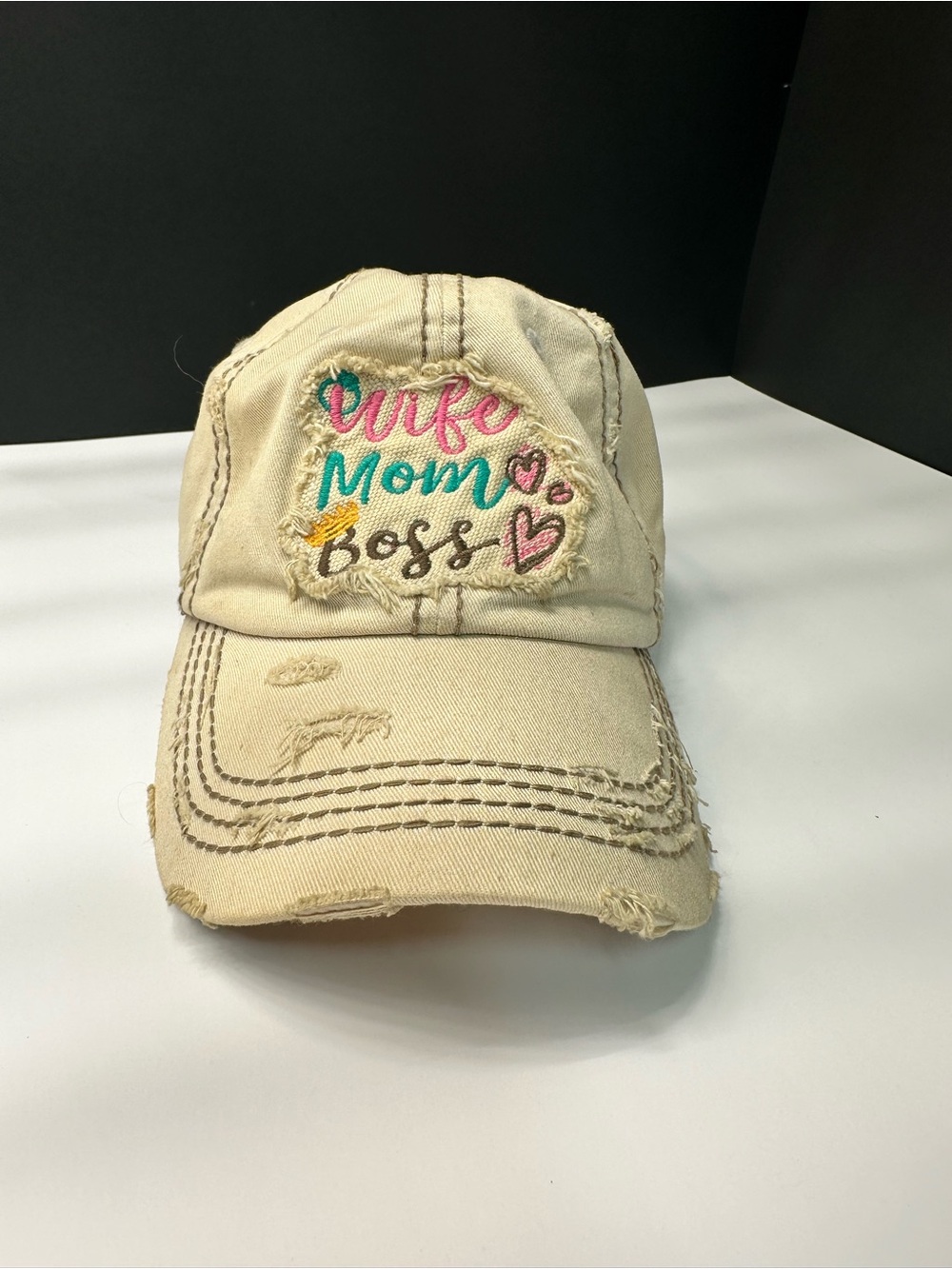 KBETHOS Beige Distressed Cap with Colorful Embroidered Slogan